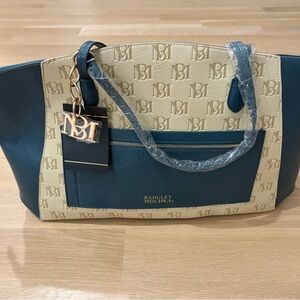 NWT Badgley Mischka Cream & Teal Logo Shopper Tote